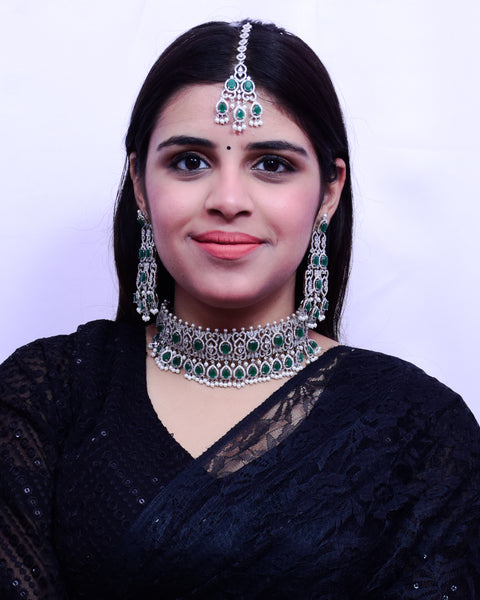 Designer Semi-Precious American Diamond & Emerald Color Choker Style Necklace with Earrings (D687)