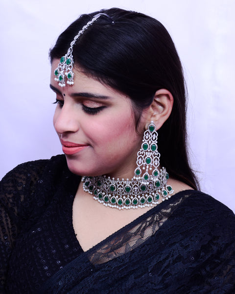 Designer Semi-Precious American Diamond & Emerald Color Choker Style Necklace with Earrings (D687)