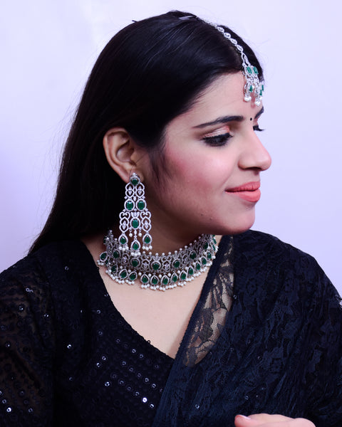 Designer Semi-Precious American Diamond & Emerald Color Choker Style Necklace with Earrings (D687)