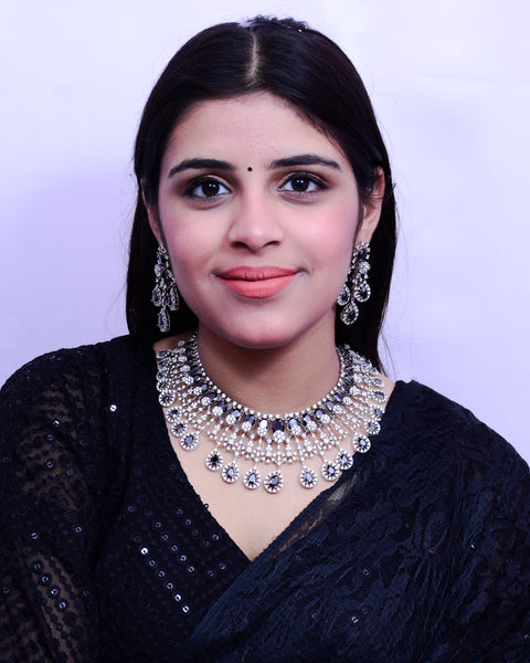 Designer Semi-Precious American Diamond Necklace, Earrings With Black Stone (D689)
