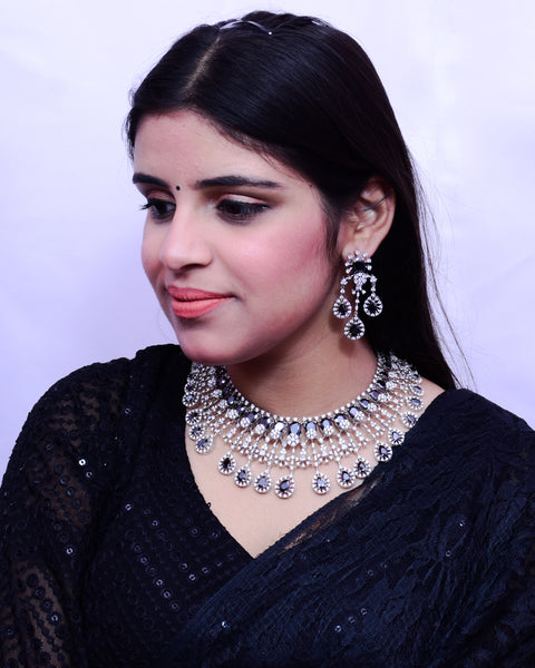 Designer Semi-Precious American Diamond Necklace, Earrings With Black Stone (D689)