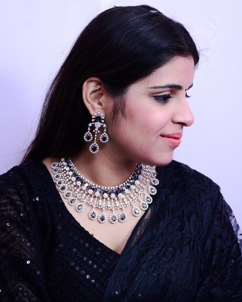 Designer Semi-Precious American Diamond Necklace, Earrings With Black Stone (D689)