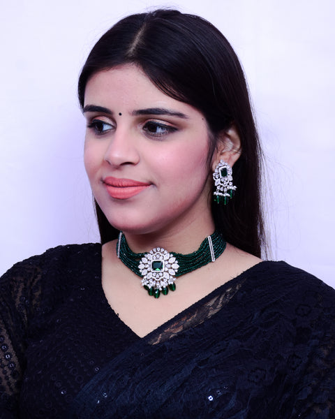 Designer Semi-Precious American Diamond & Emerald Choker Style Necklace with Earrings