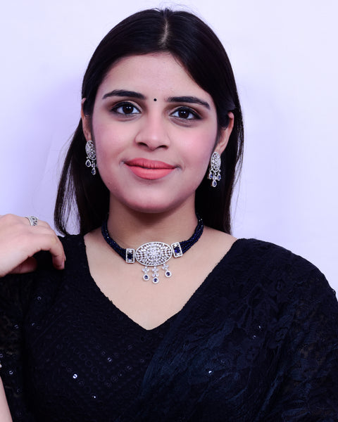 Designer Semi-Precious American Diamond Blue Color Choker Style Necklace with Earrings (D694)