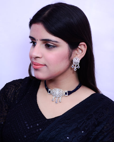 Designer Semi-Precious American Diamond Blue Color Choker Style Necklace with Earrings (D694)