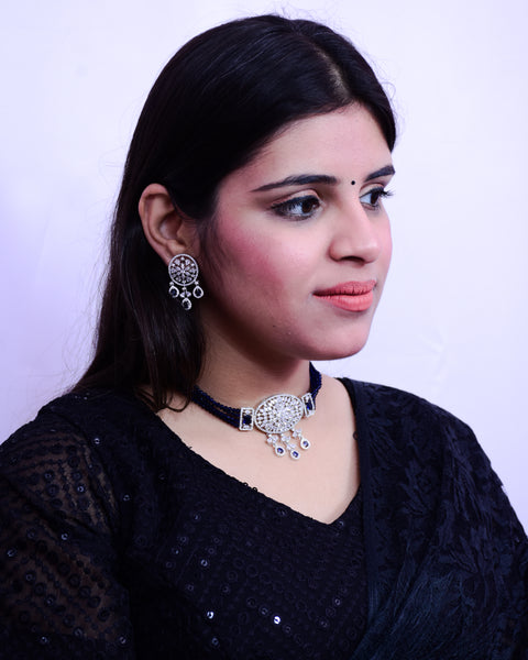 Designer Semi-Precious American Diamond Blue Color Choker Style Necklace with Earrings (D694)