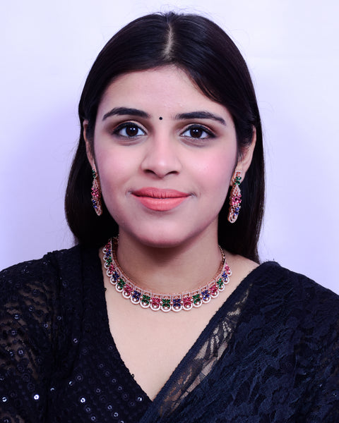 Designer Semi-Precious American Diamond & Multi Color Necklace with Earrings (D696)