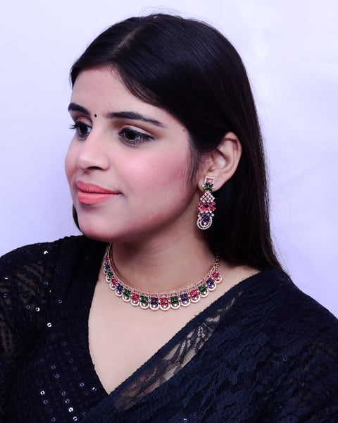 Designer Semi-Precious American Diamond & Multi Color Necklace with Earrings (D696)