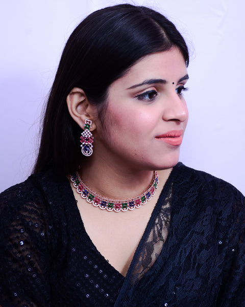 Designer Semi-Precious American Diamond & Multi Color Necklace with Earrings (D696)