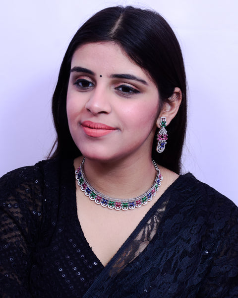 Designer Semi-Precious American Diamond & Multi Color Necklace with Earrings (D697)