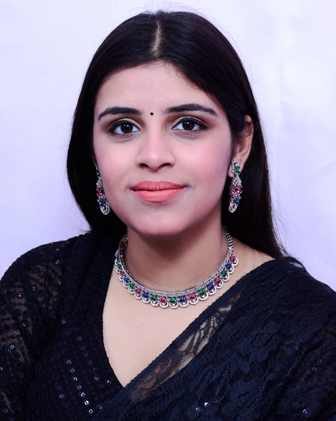 Designer Semi-Precious American Diamond & Multi Color Necklace with Earrings (D697)