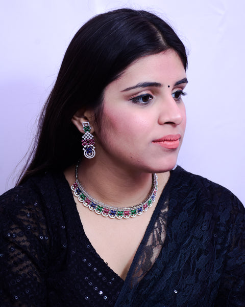 Designer Semi-Precious American Diamond & Multi Color Necklace with Earrings (D697)