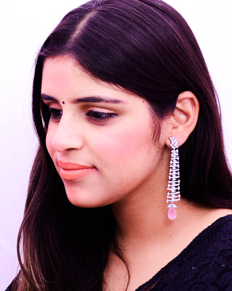 Pink Color Stone American Diamond Contemporary Long Earrings (E648)