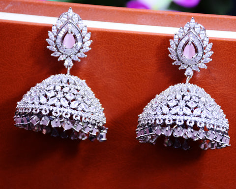 American Diamond Jhumki Style Earrings With Pink Color Stone (E637)