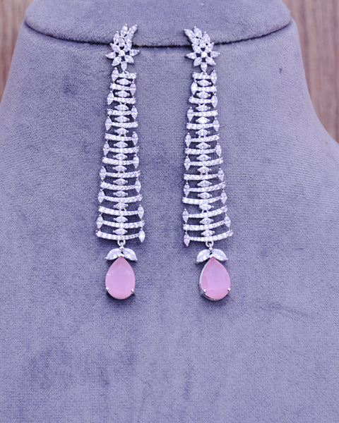 Pink Color Stone American Diamond Contemporary Long Earrings (E648)