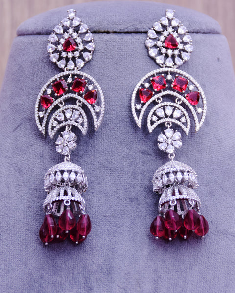 Red Stone Silver American Diamond Contemporary Long Earrings (E645)