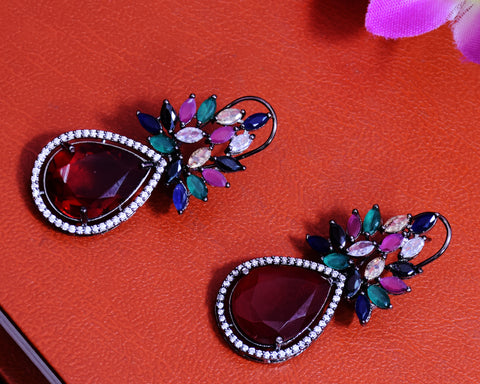 Red & Multi Color Stone American Diamond Teardrop Style Earrings (E634)