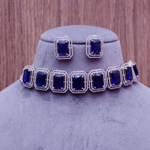 Designer Semi-Precious American Diamond blue Color Choker Style Necklace with Earrings (D672)