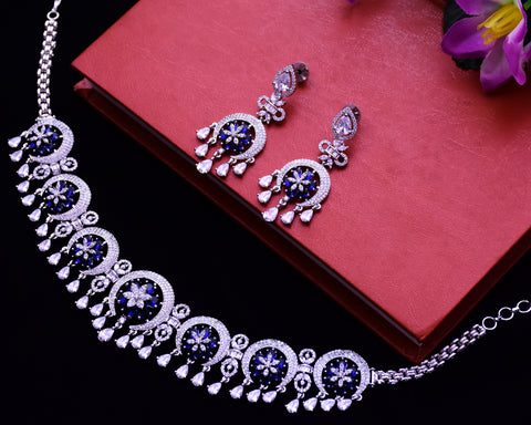 Designer Semi-Precious American Diamond & Blue Sapphire Color Choker Style Necklace with Earrings (D679)