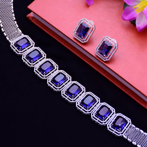 Designer Semi-Precious American Diamond blue Color Choker Style Necklace with Earrings (D672)