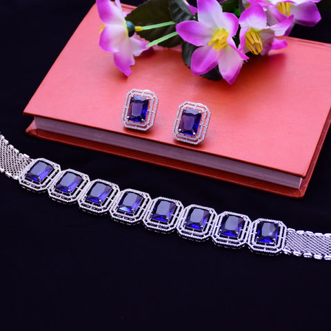 Designer Semi-Precious American Diamond blue Color Choker Style Necklace with Earrings (D672)