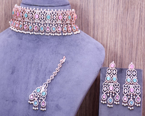 Designer Semi-Precious American Diamond & Multi Color Choker Style Necklace with Earrings (D686)
