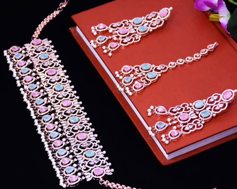 Designer Semi-Precious American Diamond & Multi Color Choker Style Necklace with Earrings (D686)