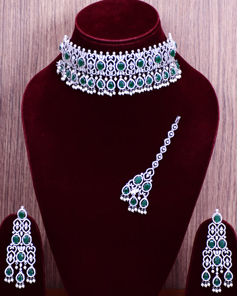 Designer Semi-Precious American Diamond & Emerald Color Choker Style Necklace with Earrings (D687)