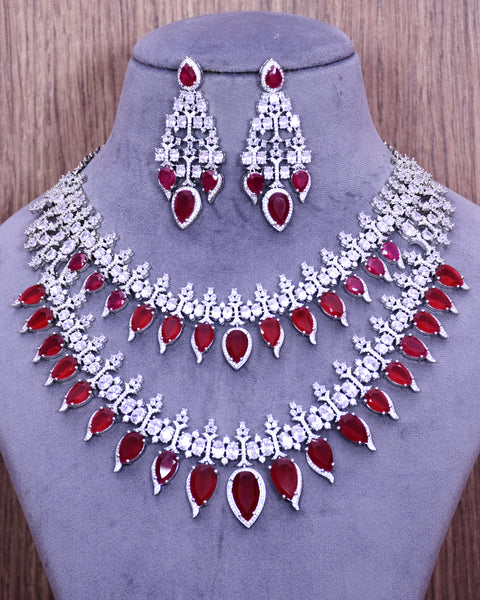 Designer Semi-Precious American Diamond Necklace, Earrings With Ruby Stone (D690)
