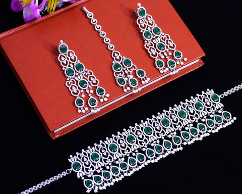 Designer Semi-Precious American Diamond & Emerald Color Choker Style Necklace with Earrings (D687)