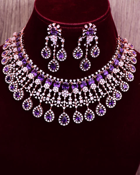Designer Semi-Precious American Diamond & Purple Color Necklace with Earrings (D688)