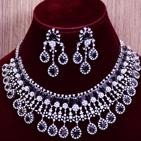Designer Semi-Precious American Diamond Necklace, Earrings With Black Stone (D689)