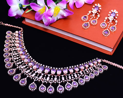 Designer Semi-Precious American Diamond & Purple Color Necklace with Earrings (D688)