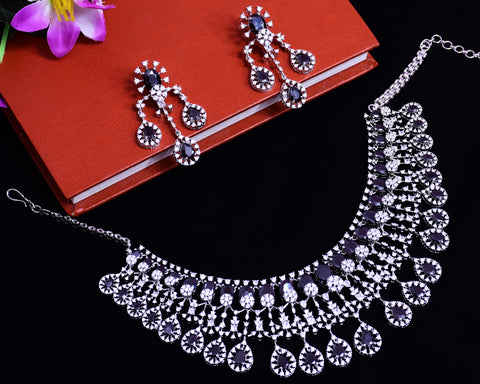 Designer Semi-Precious American Diamond Necklace, Earrings With Black Stone (D689)