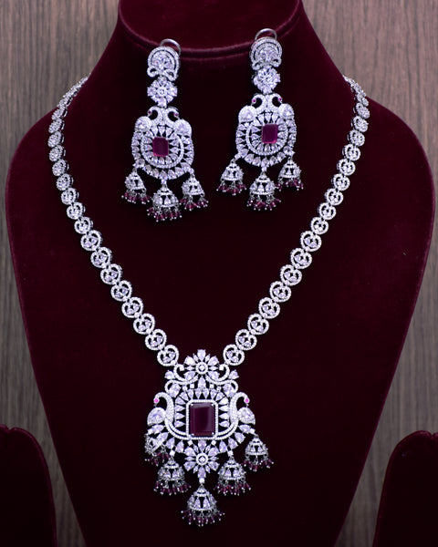 Designer Semi-Precious American Diamond Ruby Necklace with Earrings (D699)