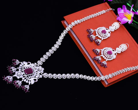 Designer Semi-Precious American Diamond Ruby Necklace with Earrings (D699)