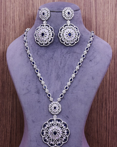 Designer Semi-Precious American Diamond & Blue Sapphire Long Neckles Set (D692)
