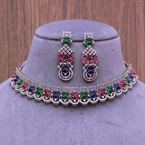 Designer Semi-Precious American Diamond & Multi Color Necklace with Earrings (D697)