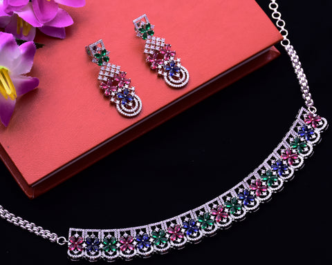 Designer Semi-Precious American Diamond & Multi Color Necklace with Earrings (D697)