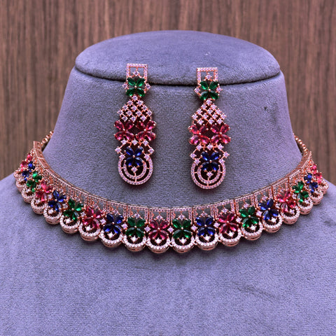 Designer Semi-Precious American Diamond & Multi Color Necklace with Earrings (D696)