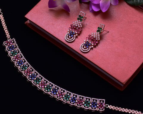 Designer Semi-Precious American Diamond & Multi Color Necklace with Earrings (D696)