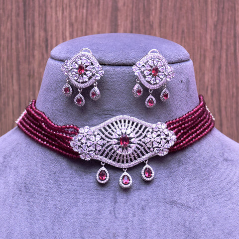 Designer Semi-Precious American Diamond Ruby Color Choker Style Necklace with Earrings (D695)
