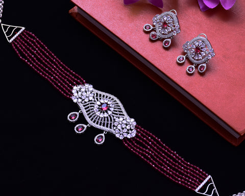 Designer Semi-Precious American Diamond Ruby Color Choker Style Necklace with Earrings (D695)