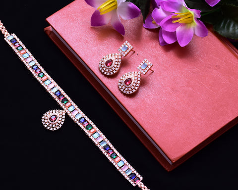 Designer Semi-Precious American Diamond & Multi Color Necklace with Earrings (D698)