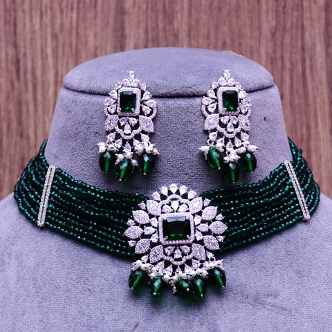 Designer Semi-Precious American Diamond & Emerald Choker Style Necklace with Earrings