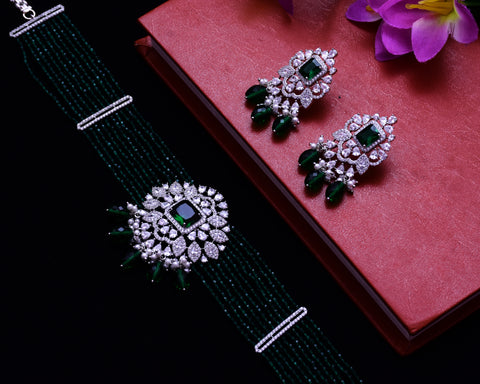 Designer Semi-Precious American Diamond & Emerald Choker Style Necklace with Earrings