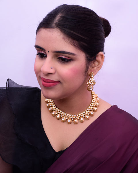 Designer Gold Plated Royal Kundan Necklace with Earrings (D652)