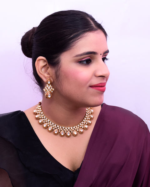 Designer Gold Plated Royal Kundan Necklace with Earrings (D652)