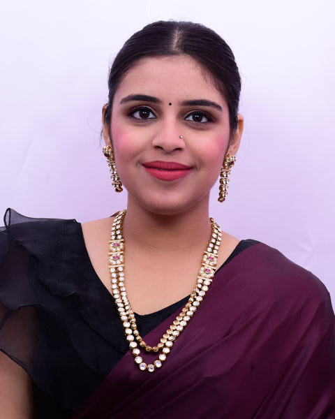 Designer Gold Plated Royal Kundan Ruby Long Necklace with Earrings (D653)