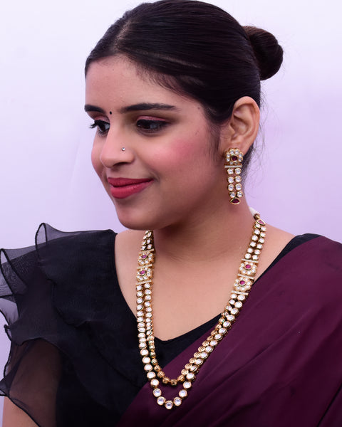 Designer Gold Plated Royal Kundan Ruby Long Necklace with Earrings (D653)